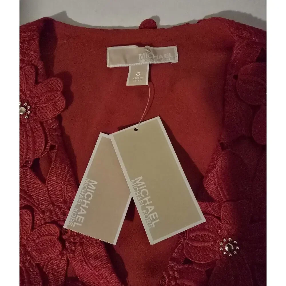 Michael Kors Red Floral Lace V Neck Sleeveless Mini Dress Size 0 NWT